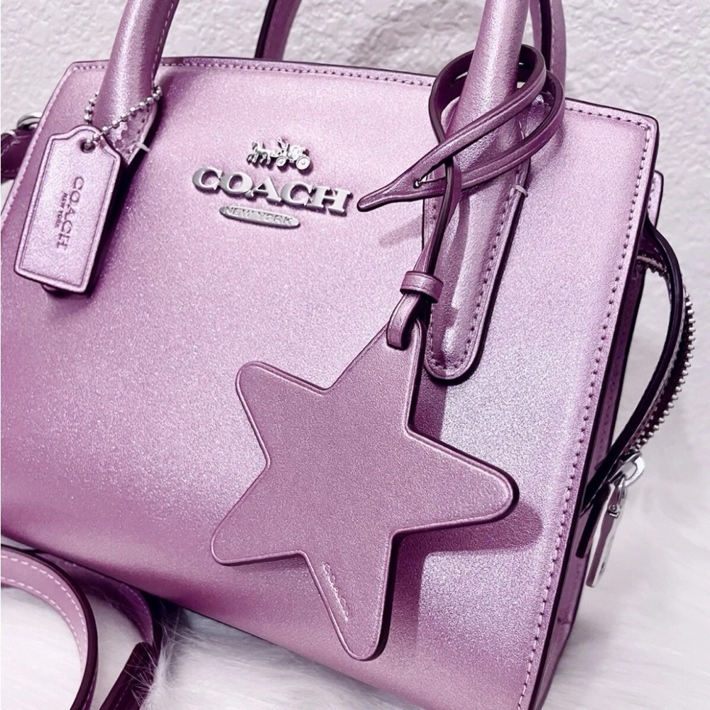 Coach Andrea Carryall Bag With Star Charm In Metallic Pink. Pebble leather